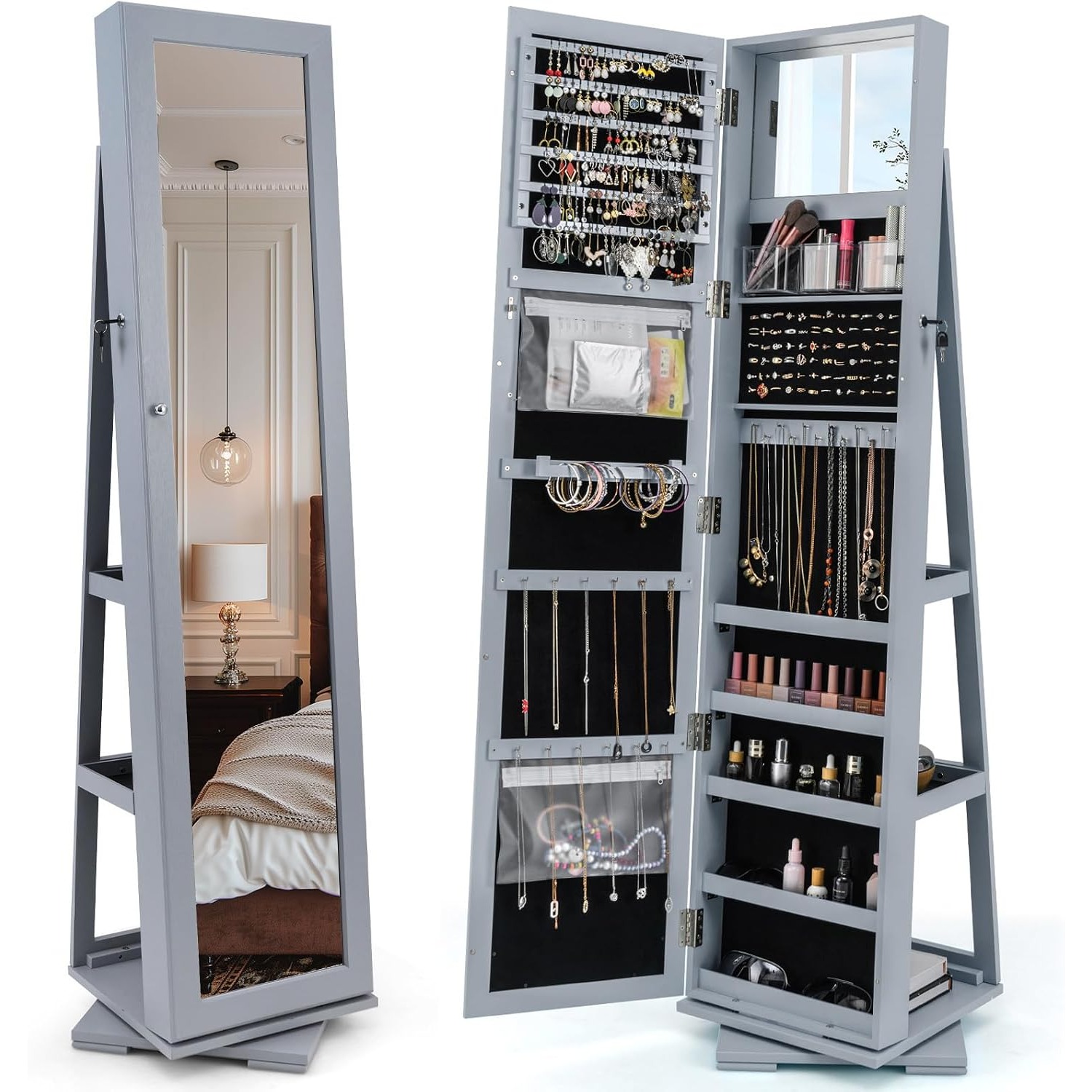 Full Length Mirror Jewelry Armoire - Obracany szafek na biżuterię z dużym