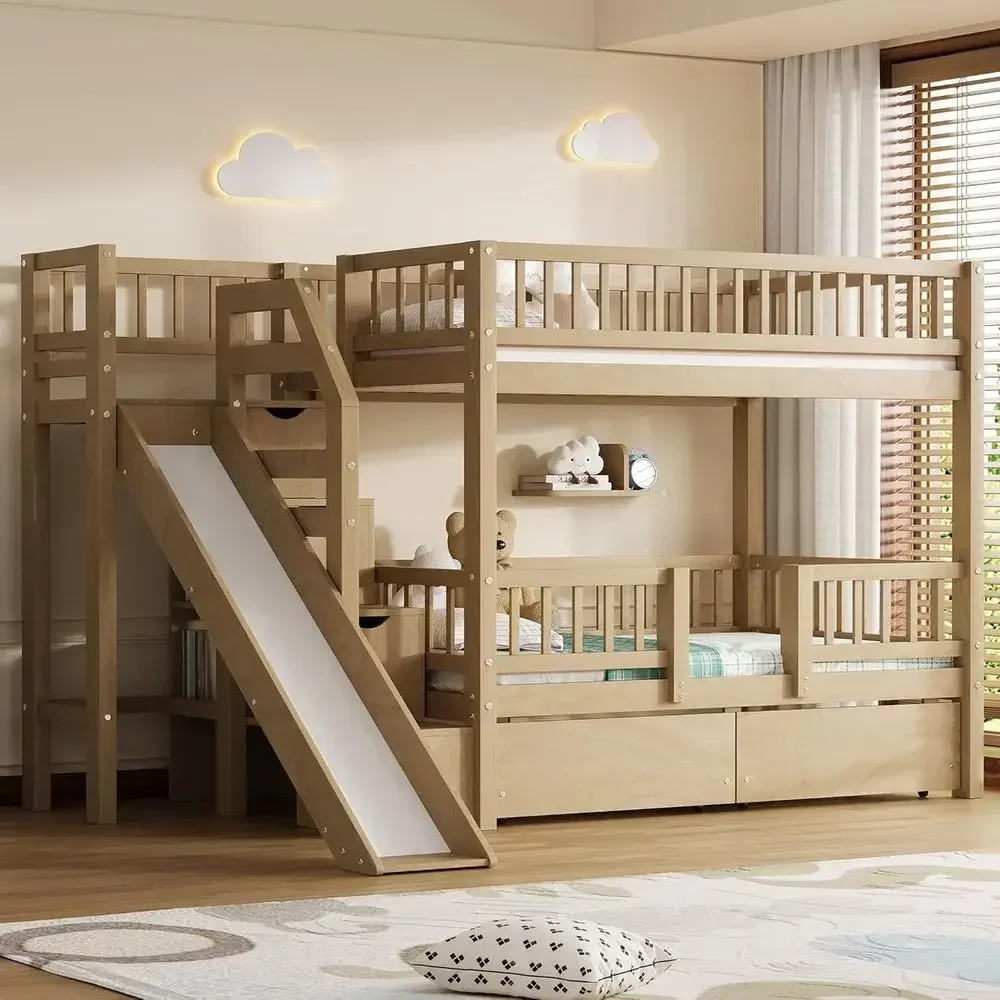 Bunk Bed With Stairs And Slide - Drewniane łóżko piętrowe z dwoma łóżkami,